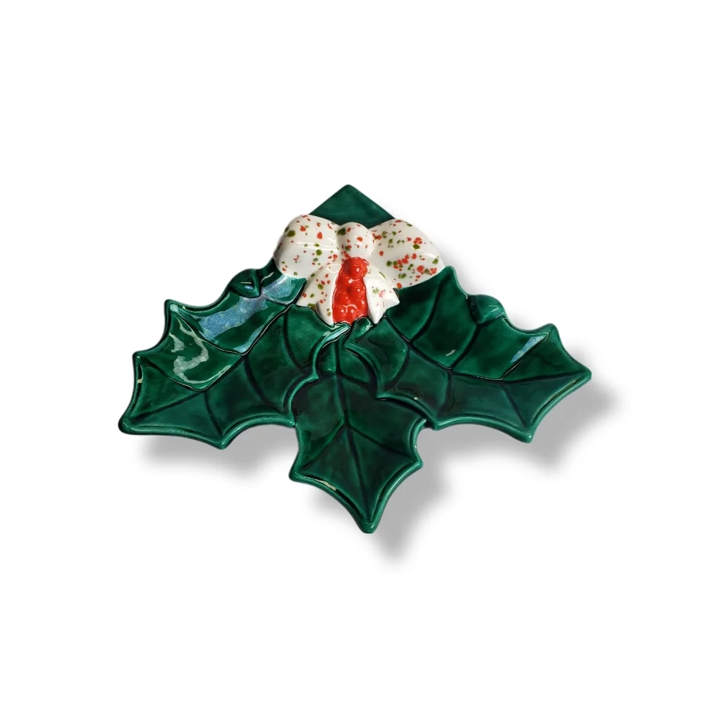 Vintage Glazed Christmas Holly And Berries Candy Dish